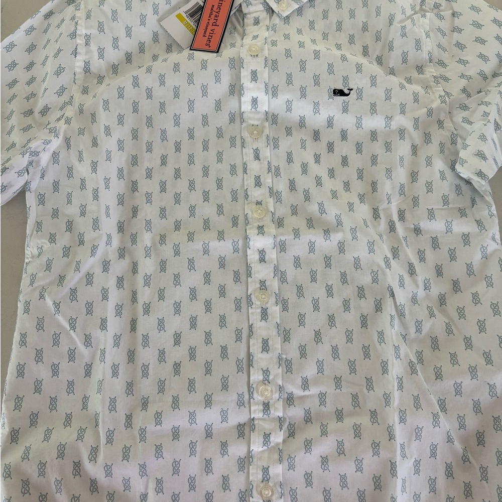 Boys Vineyard Vines White and Blue Patterned Short Sleeve Shirt